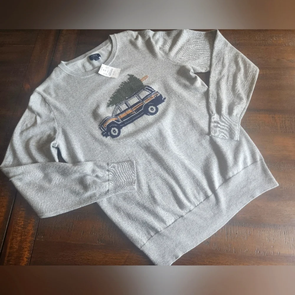 NWT J.Crew Men's Grey Cotton Sweater With Truck And Tree‎ Sz Sm